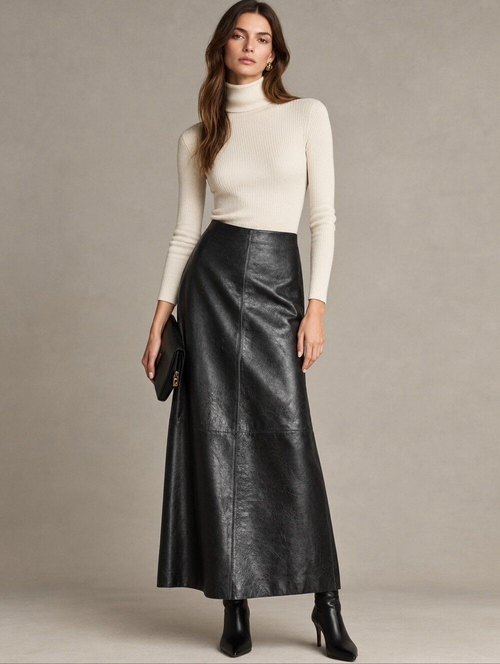 Vintage 80s 90s HUGO BUSCATI Black Leather Maxi Ankle Length Skirt Women Size 4